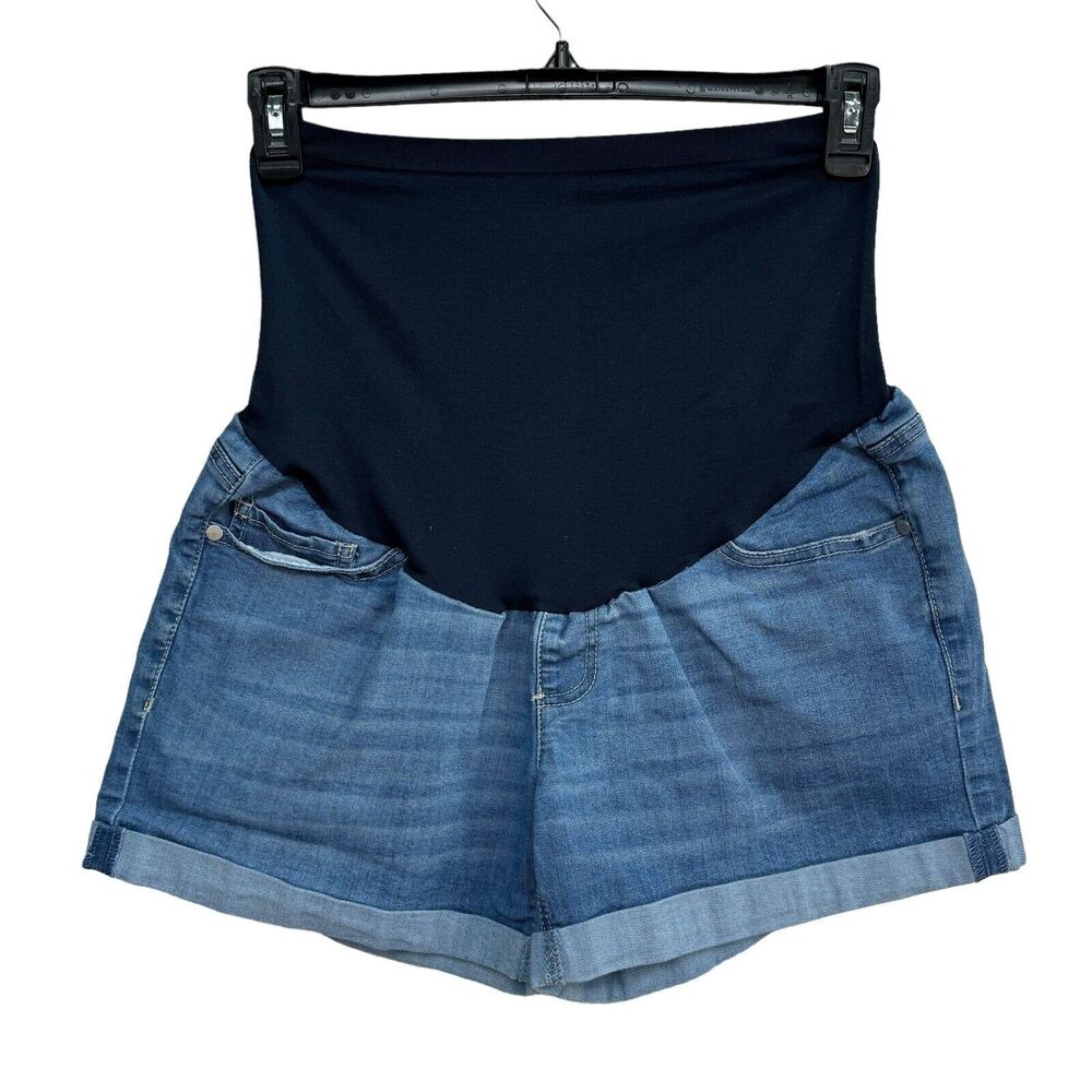 Time & Tru Medium (8-10) Maternity Jean Shorts Full Panel Whisker Stretch Cuffed